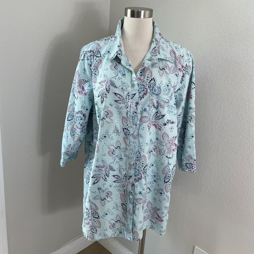 Lands End Womens Plus 22W No Iron Supima Cotton Shirt 3/4 Sleeve Floral Blouse